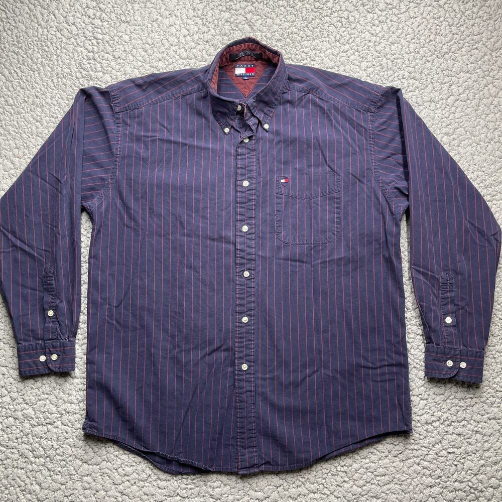 Vintage Tommy Hilfiger Button Down Shirt Mens Large Blue Striped Long Sleeve